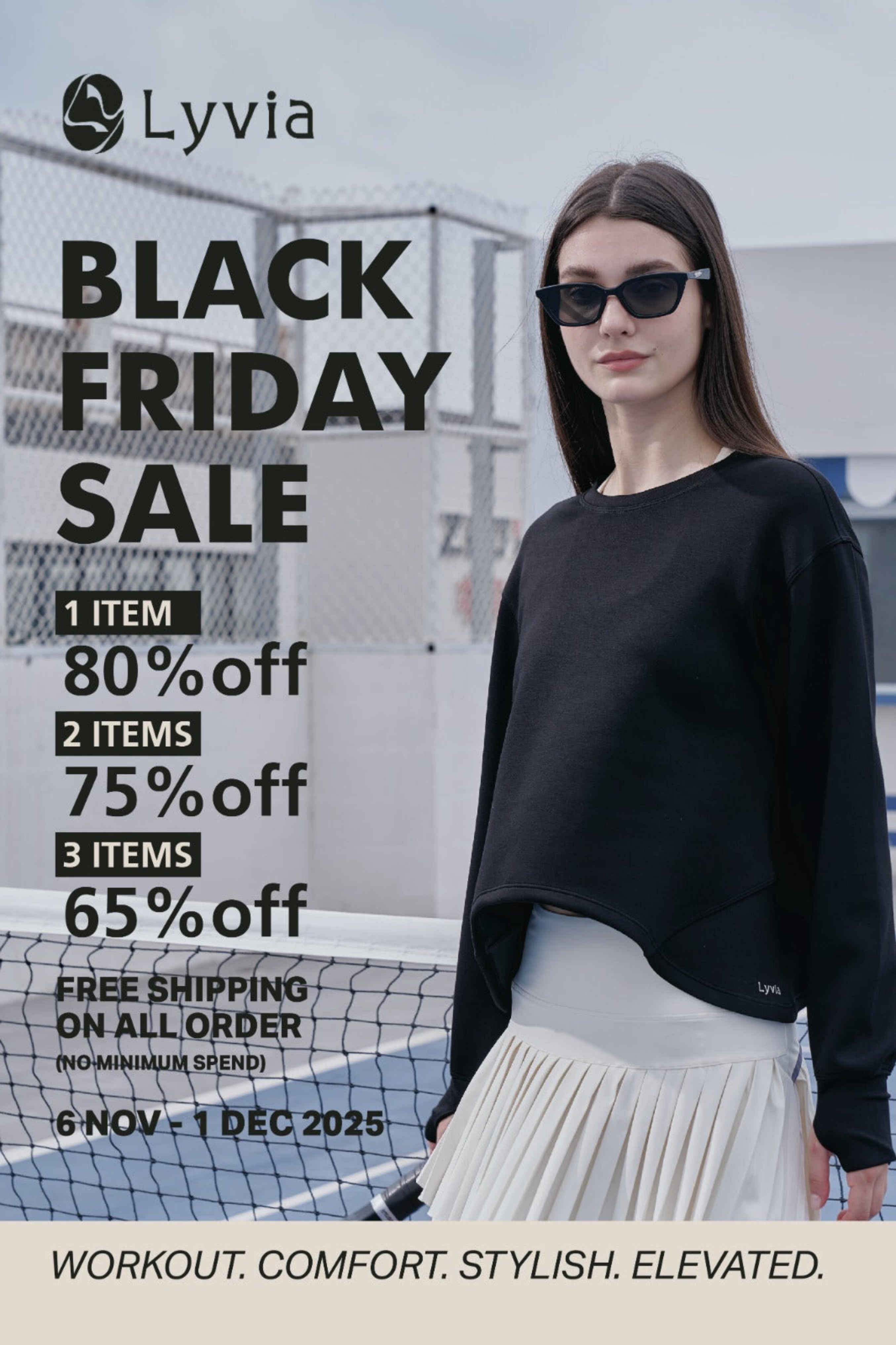 Woman wearing sunglasses and a black outfit with Lyvia Black Friday sale 